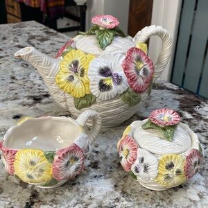 Handcrafted Floral Ceramic Tea Set with Pink, Yellow, and Green Accents